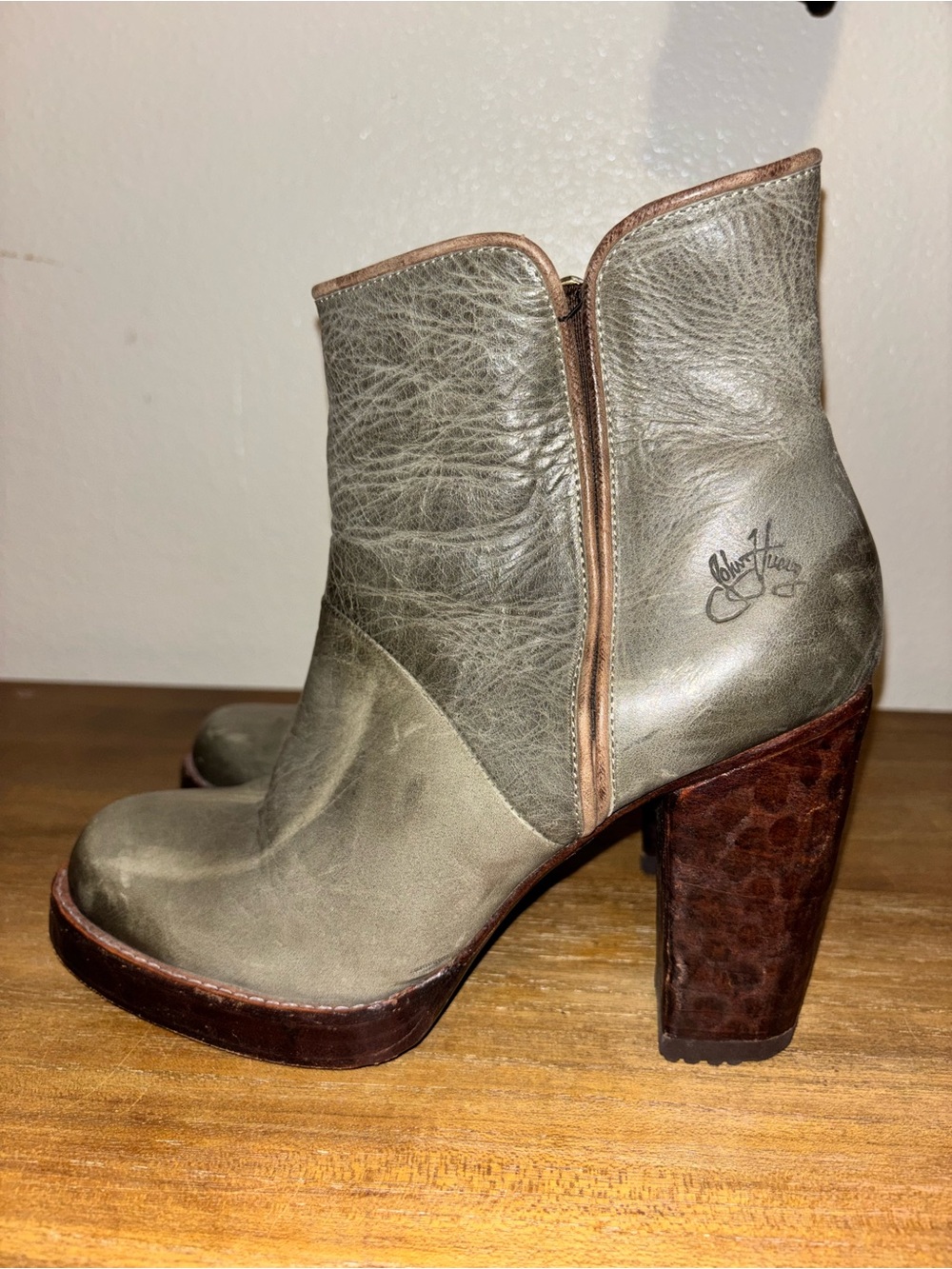 John Fluevog Gray and Brown Leather Heeled Ankle Boots